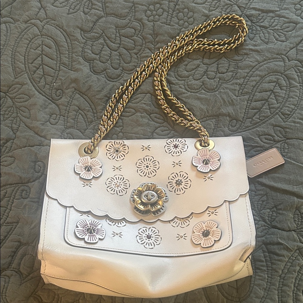 Coach White Floral Shoulder Bag with Gold Chain